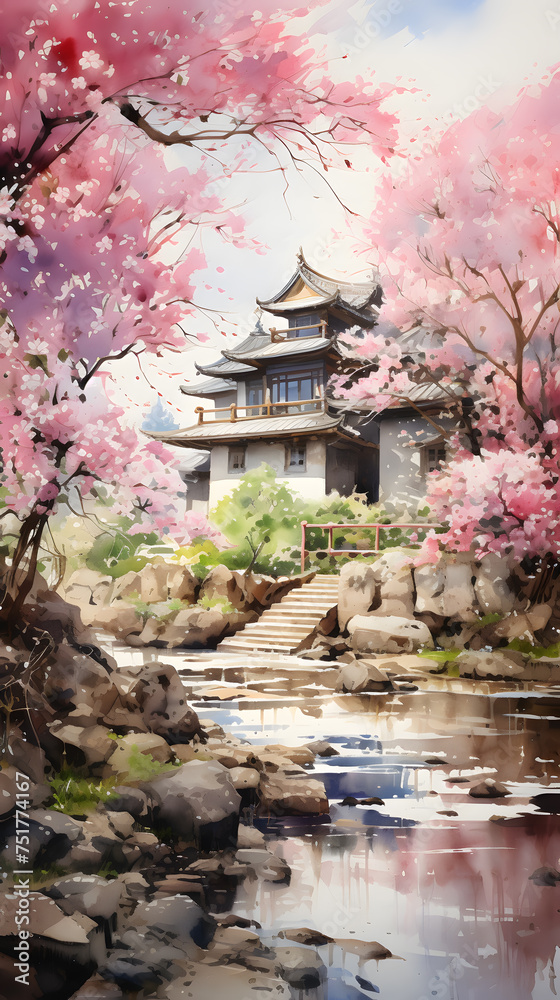 A garden surrounded by blooming cherry blossoms, soft sunlight, soft shadows, painting, watercolor on paper, delicate petals and a peaceful atmosphere in the garden Generative AI A garden surrounded by blooming cherry blossoms, soft sunlight, soft shadows, painting, watercolor on paper, delicate petals and a peaceful atmosphere in the garden Generative AI