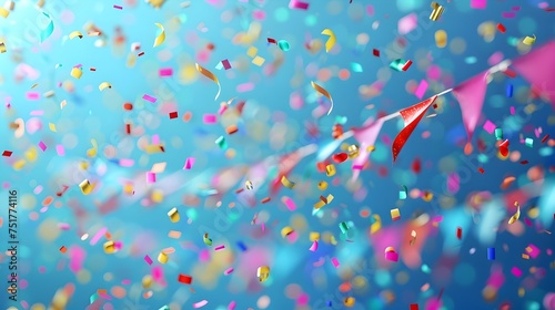 Colorful Confetti Flying in the Air with Blue Sky