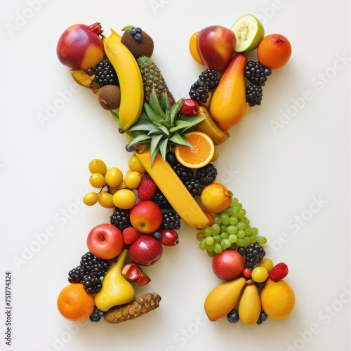 Typography of the letter X crafted from fresh fruit  hyperrealistic  A collage of various fresh fruits and berries arranged in the shape of the letter X. 
