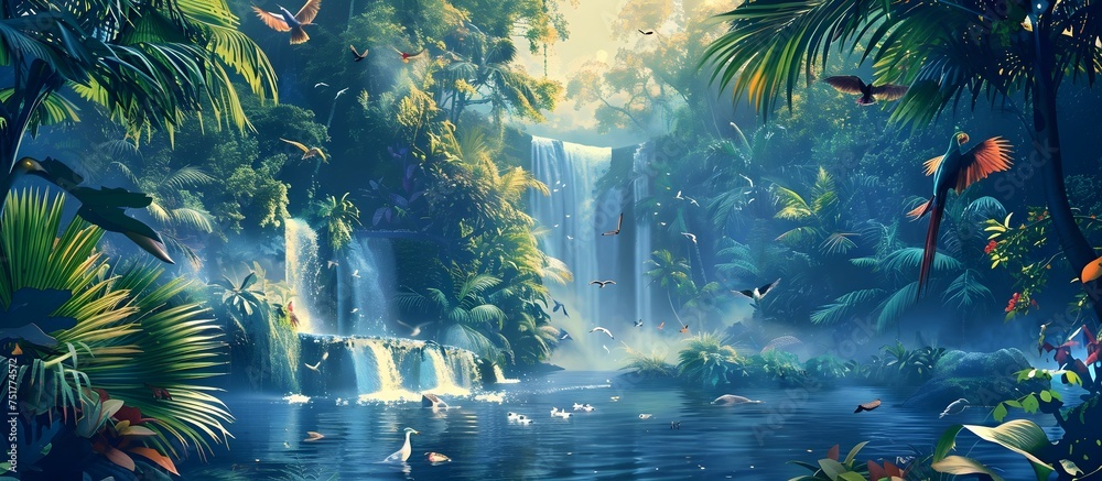 Tropical Jungle Waterfall with Exotic Bird Illustrations