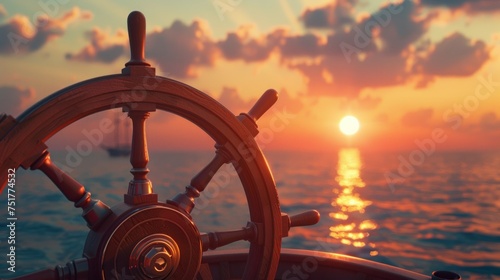 An evocative 3D rendering of a ship's steering wheel, or helm, set against the breathtaking backdrop of a sunset