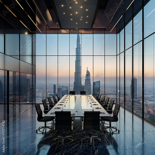 A conference room on the top floor of a skyscraper (AI generated illustration).
