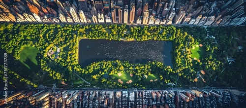 Aerial View of Central Park and City Buildings in New York photo