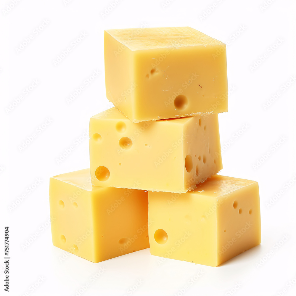 Delicious cheese cubes on white background 