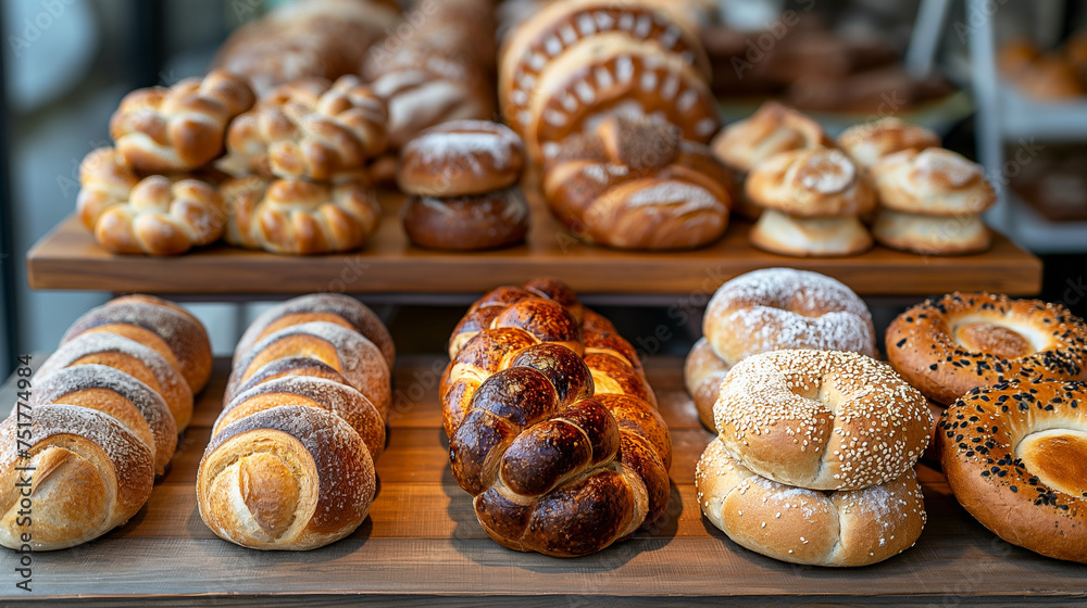 Duftendes Bäckerei-Display: Eine verlockende Auswahl an frisch gebackenem Brot und Brötchen auf einem rustikalen Holztisch