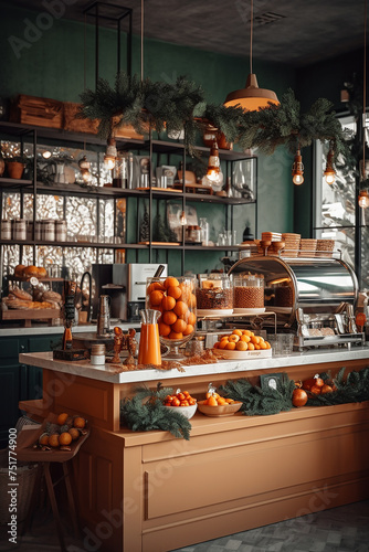A cozy cafe interior decorated for the holidays with pastries and a coffee machine