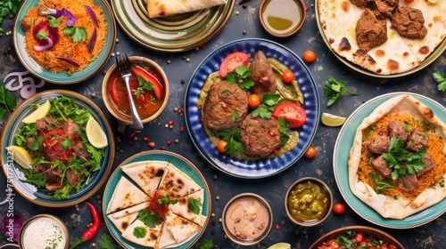 A vibrant array of Middle Eastern dishes, artfully presented as a traditional Ramadan Iftar meal