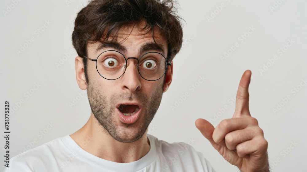 surprised young man with glasses is pointing at something out of frame, with his mouth open in a shocked expression. surprised young man with glasses is pointing at something out of frame, with his mouth open in a shocked expression.