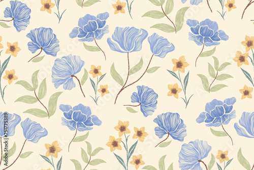 Seamless Floral Pattern branches leaves embroidery blue tulip and yellow flower motifs on white background watercolour brush ikat texture vintage style hand drawn. Vector illustration design 