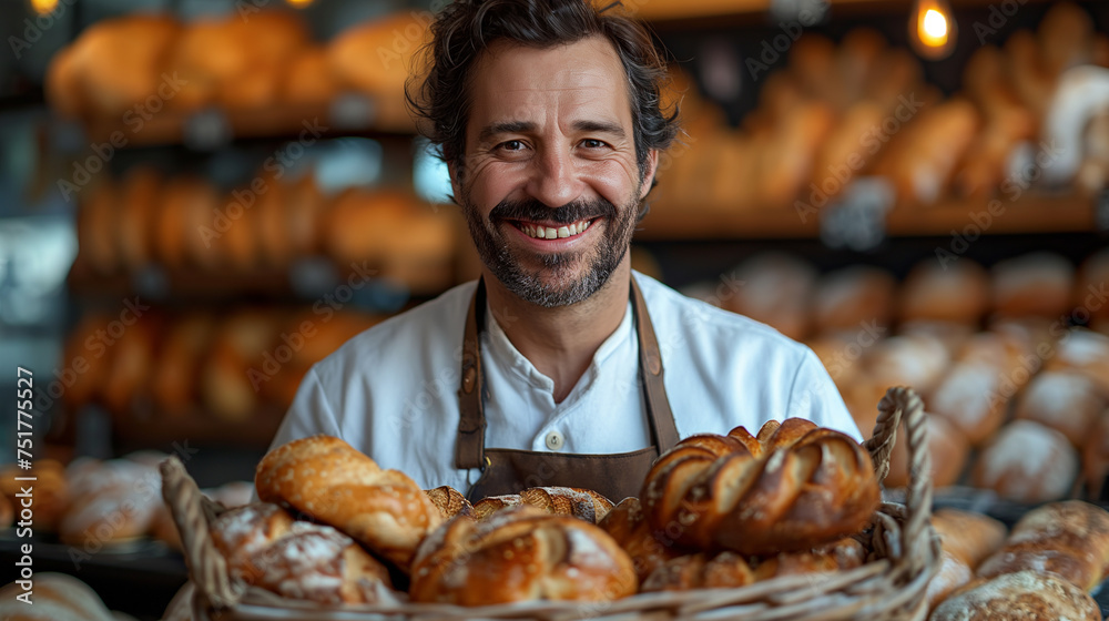Stolzer Bäcker präsentiert handgebackenes Brot: Ein lächelnder Bäcker in traditioneller Schürze hält eine Korb mit rustikalem, knusprigem Brot in einer urigen Bäckerei