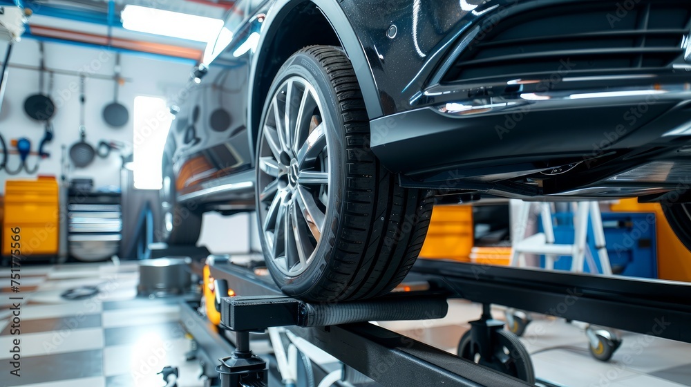 Fototapeta premium A professional garage performs precise wheel alignment on a vehicle