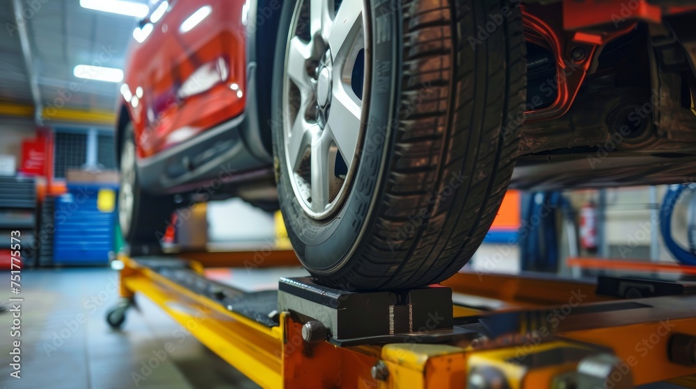 A professional garage performs precise wheel alignment on a vehicle