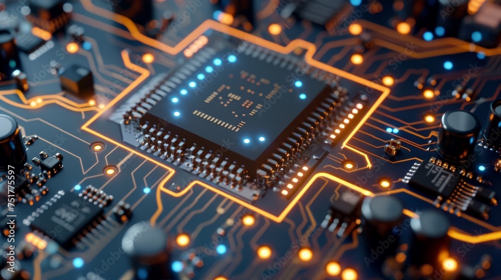  A motherboard showcases a central CPU chip