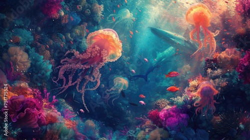 An underwater encounter: an octopus with flowing tentacles investigates a jellyfish near a coral reef. Watercolor style