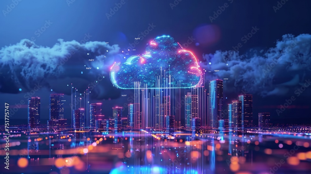 Smart cityscape with interconnected wireless networks demonstrating cloud storage
