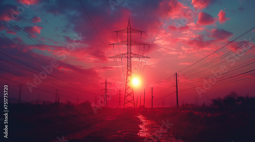 Energieversorgung: Strommast im Sonnenuntergang photo