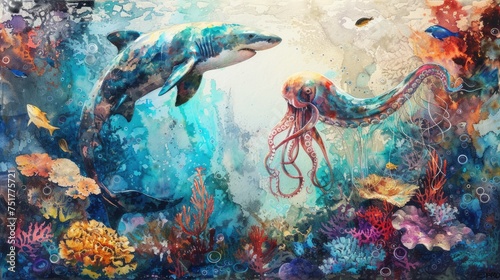 A close-up underwater scene: a vibrant octopus and a jellyfish near a colorful coral reef. Watercolor style