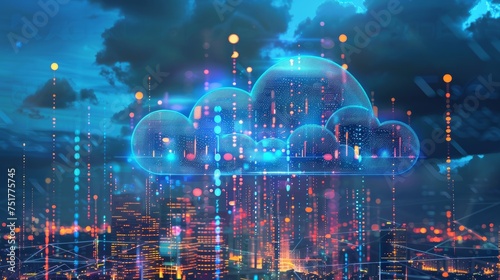 Smart cityscape with interconnected wireless networks demonstrating cloud storage
