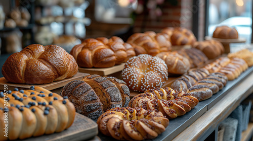 Eine verlockende Auswahl an frisch gebackenem Brot und Brötchen auf einem rustikalen Holztisch