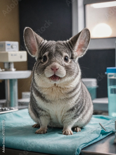 Portrait of a Chinchilla, a beautiful pet on the background of a Veterinary clinic