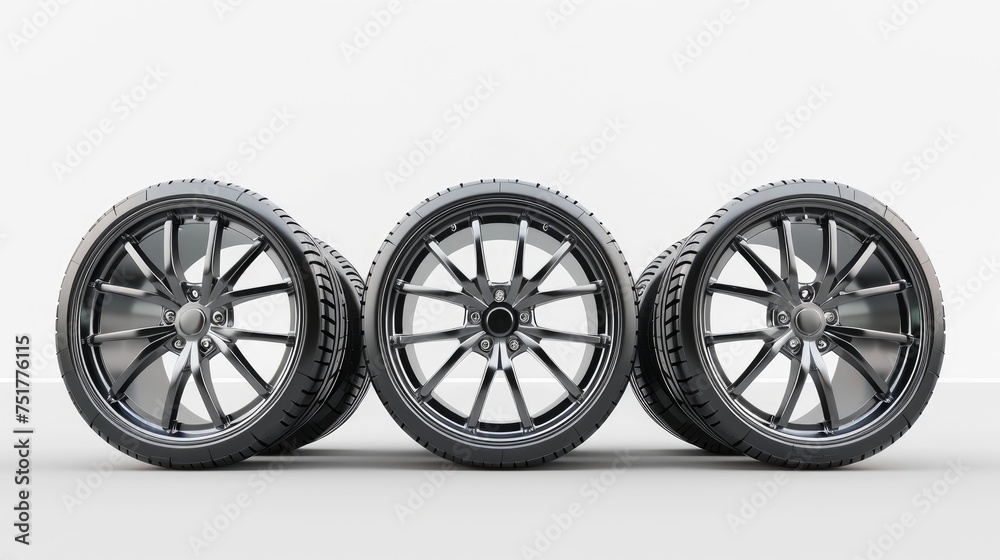 A 3D rendering of five car wheels aligned on a pristine white background