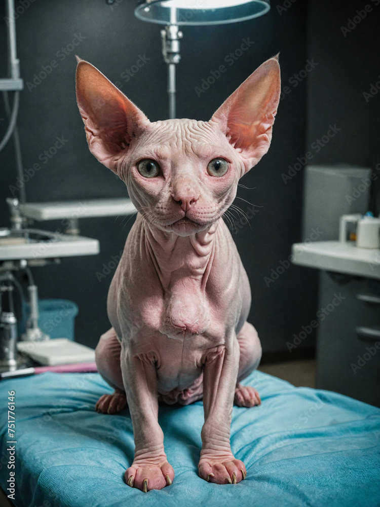 Portrait of a Sphynx, a beautiful pet on the background of a Veterinary clinic