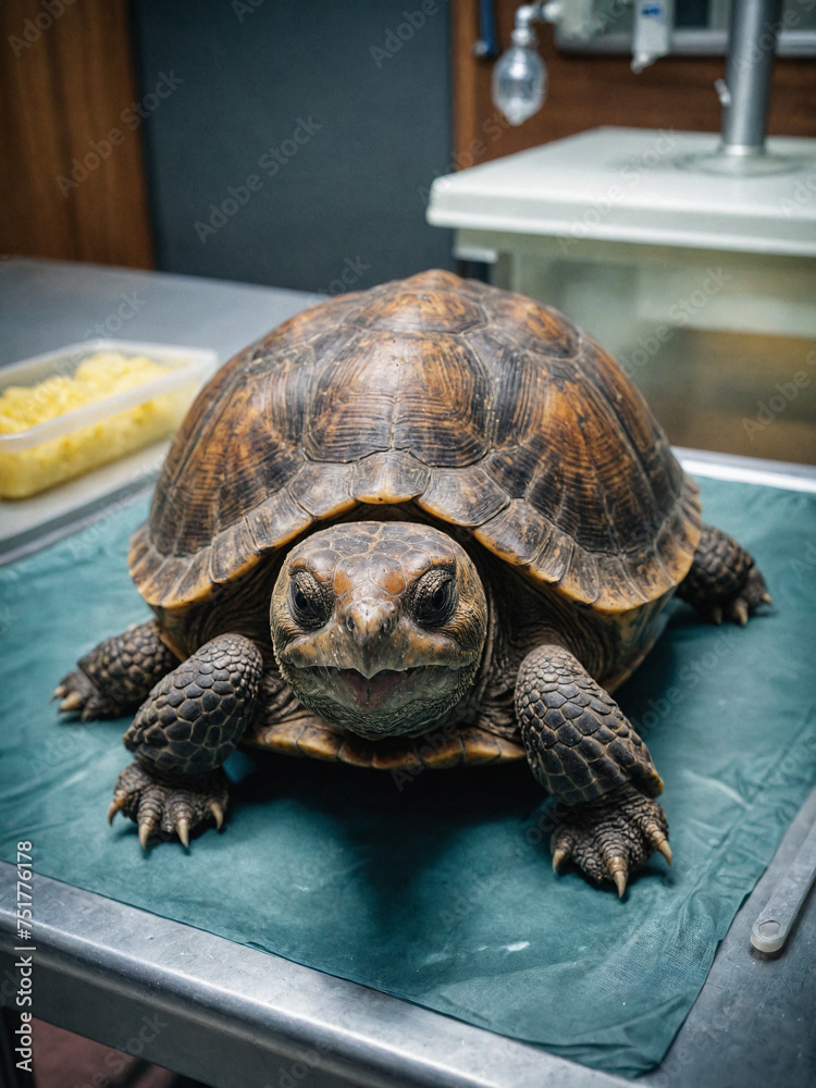 Fototapeta premium Portrait of a Tortoise, a beautiful pet on the background of a Veterinary clinic