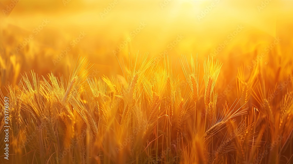 Wheat field with ripe ears in the rays of sunset. Beautiful rural scenery with rich harvest. Nature background. Illustration for cover, card, postcard, interior design, decor or print.