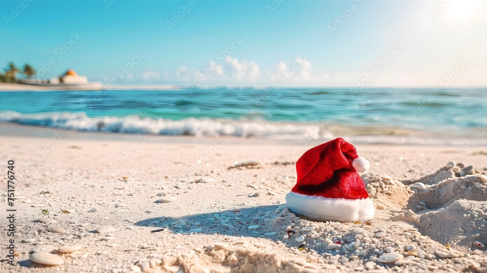 Santa Hat on Tropical Beach with Sea in the Background Santa Hat on Tropical Beach with Sea in the Background