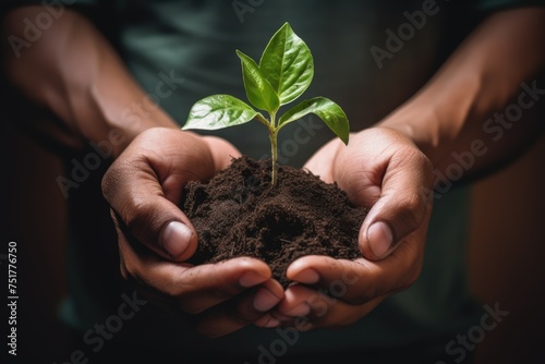 plant in hands, Tiny hands cradle a delicate sprout, symbolizing new beginnings and growth, Sunlight bathes a young plant cradled in gentle hands, nurturing life and potential.