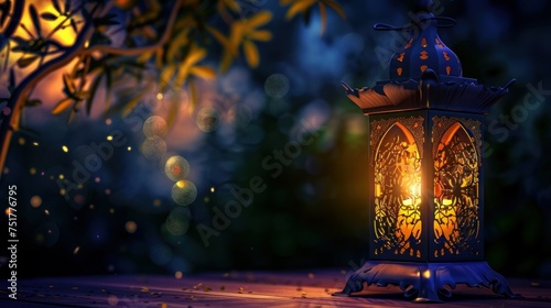 Arabic lantern casting a warm, glowing light from a burning candle inside