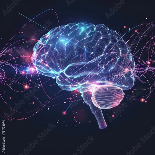  human brain with digital connection lines on blue background