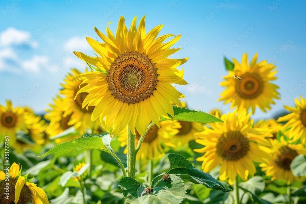 Vast Sunflower Field Beneath Azure Sky, AI Generative
