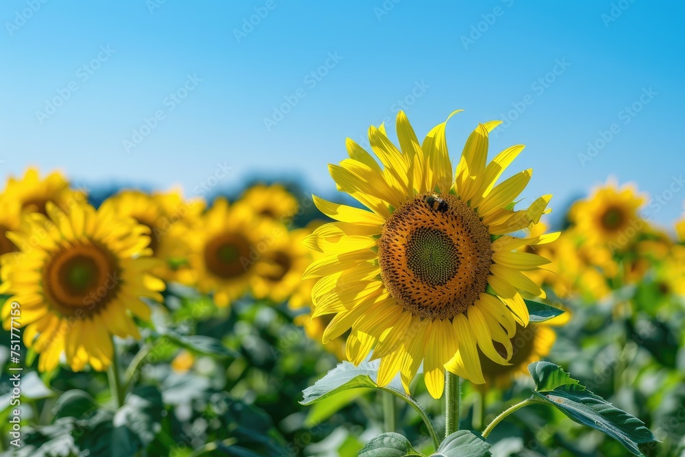 Majestic Sunflower Landscape under Clear Blue Sky, AI Generative
