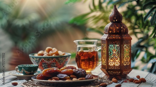 A beautifully arranged Ramadan Kareem holiday table, adorned with a plate of dates, assorted nuts, and a wooden lantern shaped like a mosque