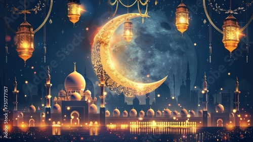  A festive Ramadan Kareem podium setup, illuminated by the soft glow of a traditional lantern