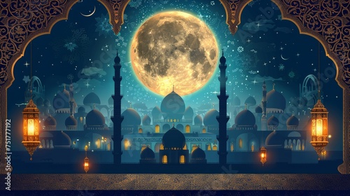  A festive Ramadan Kareem podium setup, illuminated by the soft glow of a traditional lantern