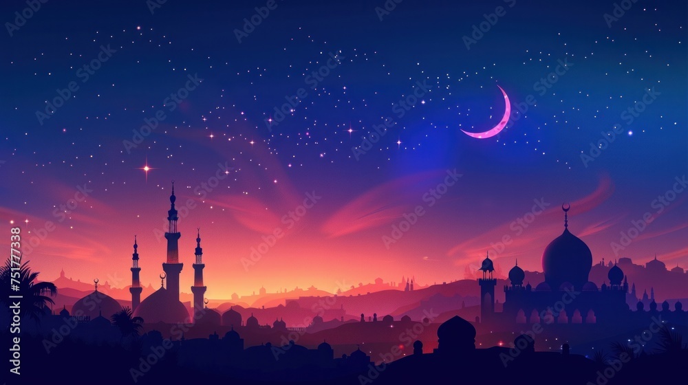 A serene Ramadan Kareem background featuring a crescent moon and stars