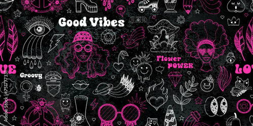 Y2k pink pattern on chalkboard background. Seamless groovy chalk smiley girl. Graffiti seamless pattern with heart flower liquid smiley sunglasses. Vector psychedelic collage. Cute retro Y2k style