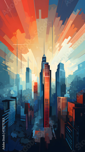 A modern and abstract representation of a city skyline with bold lines and vibrant colors, creating a sleek and urban mobile wallpaper, Illustration, digital art, Generative AI