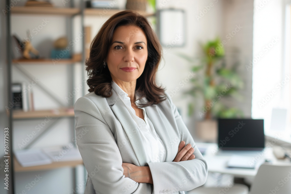 a confident Latin middle-aged businesswoman stands in her office with her arms crossed, looking directly at the camera for a portrait smile a confident Latin middle-aged businesswoman stands in her office with her arms crossed, looking directly at the camera for a portrait smile