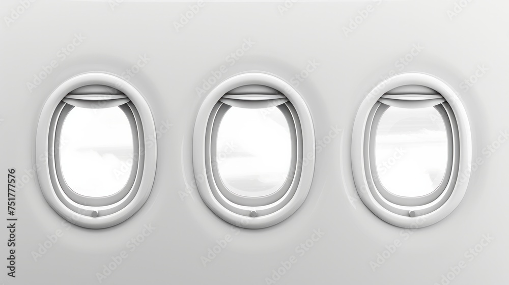 Fototapeta premium A detailed representation of three realistic airplane portholes made of white plastic