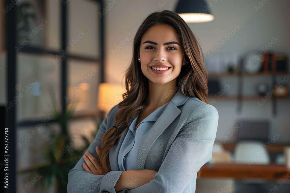A confident Latin young businesswoman stands in her office with her arms crossed, looking directly at the camera for a portrait smiling