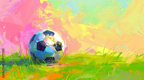 A soccer ball on a green lawn. Soccer field is drawn with large strokes of paint. Banner of sports themes. Can be used for advertising  marketing or presentation.