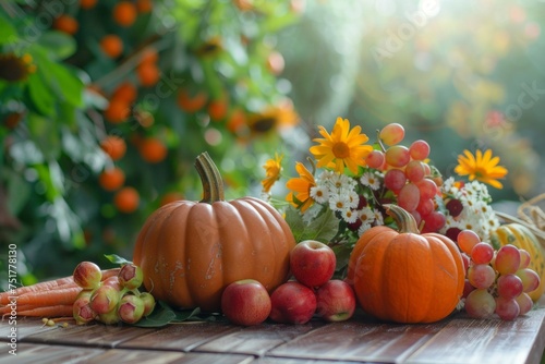 Pumpkins with fruits  flowers  vegetables and leaves on a wooden surface  blurred empty space