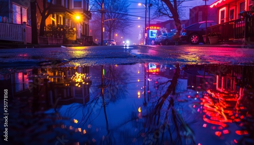night city street with colorful neon lights  reflection in puddles and water  rainy foggy weather