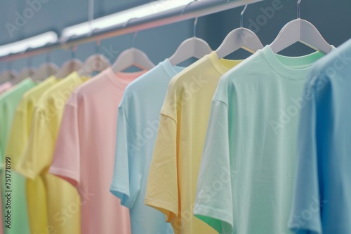 Several colored T-shirts hang in a row on hangers