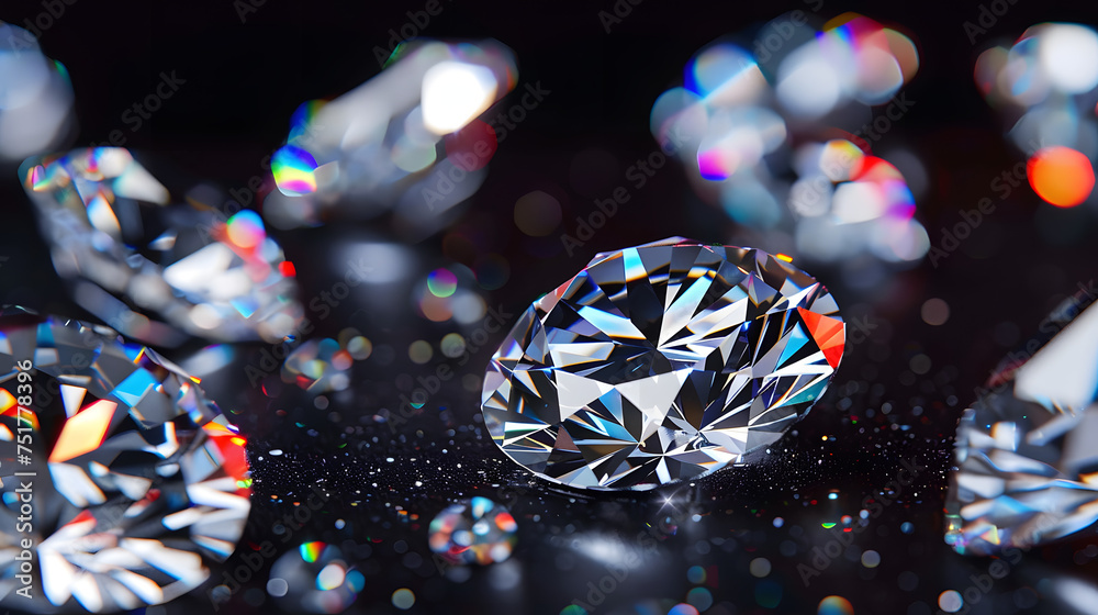 Shiny diamonds on black background, brilliants sparkle on dark table, luxury white gemstones with colorful reflections. Concept of jewel, jewelry, gem, precious stone and crystal. Shiny diamonds on black background, brilliants sparkle on dark table, luxury white gemstones with colorful reflections. Concept of jewel, jewelry, gem, precious stone and crystal.