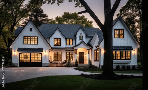 suburban home with front driveway lighting