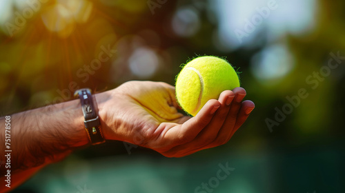 Hand Holding and Serving a Tennis Ball at an Outdoor Tennis Court. Closeup of the Tennis Ball. Moments Before the Serve. © Richard